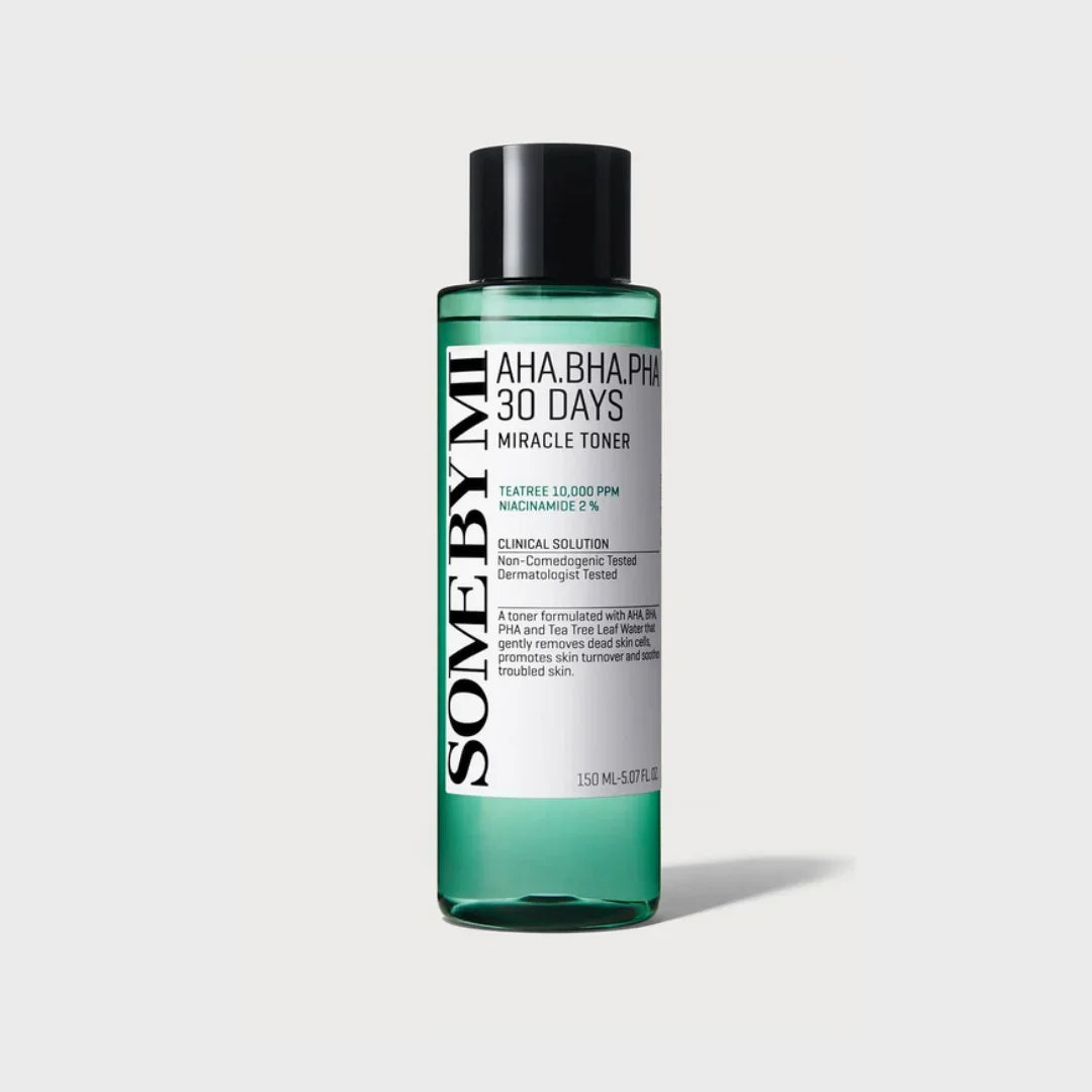 Some By Mi AHA BHA PHA 30 Days Miracle Toner bottle with tea tree and niacinamide for K-Beauty skincare