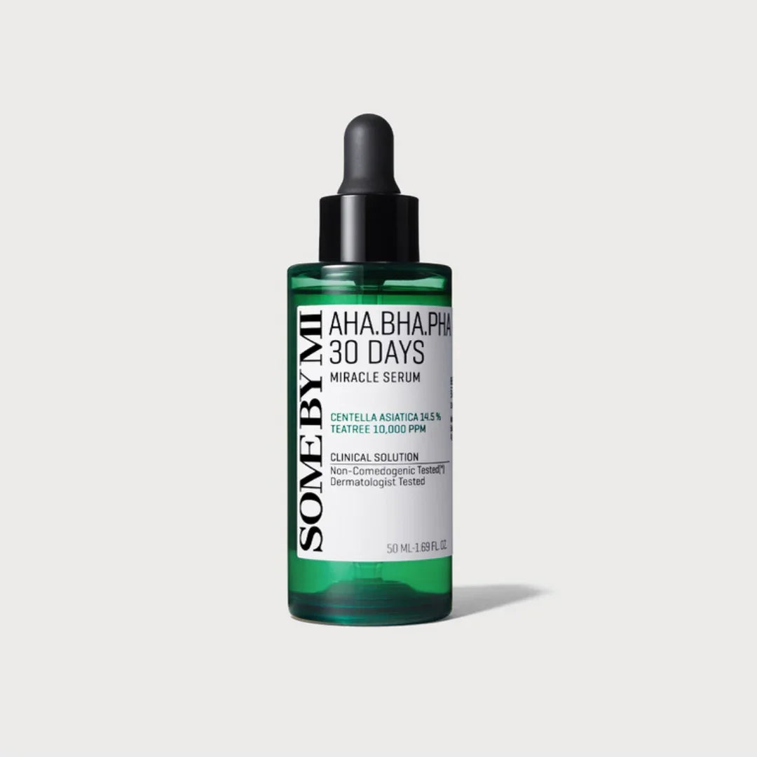 Some By Mi AHA BHA PHA 30 Days Miracle Serum green bottle with dropper for Korean skincare