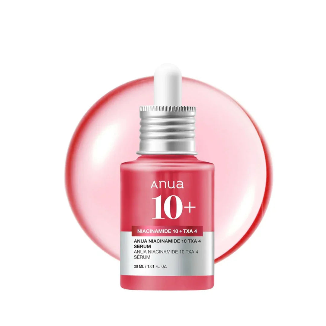 Anua Niacinamide 10 TXA 4 serum pink bottle with dropper and clear pink serum drop background