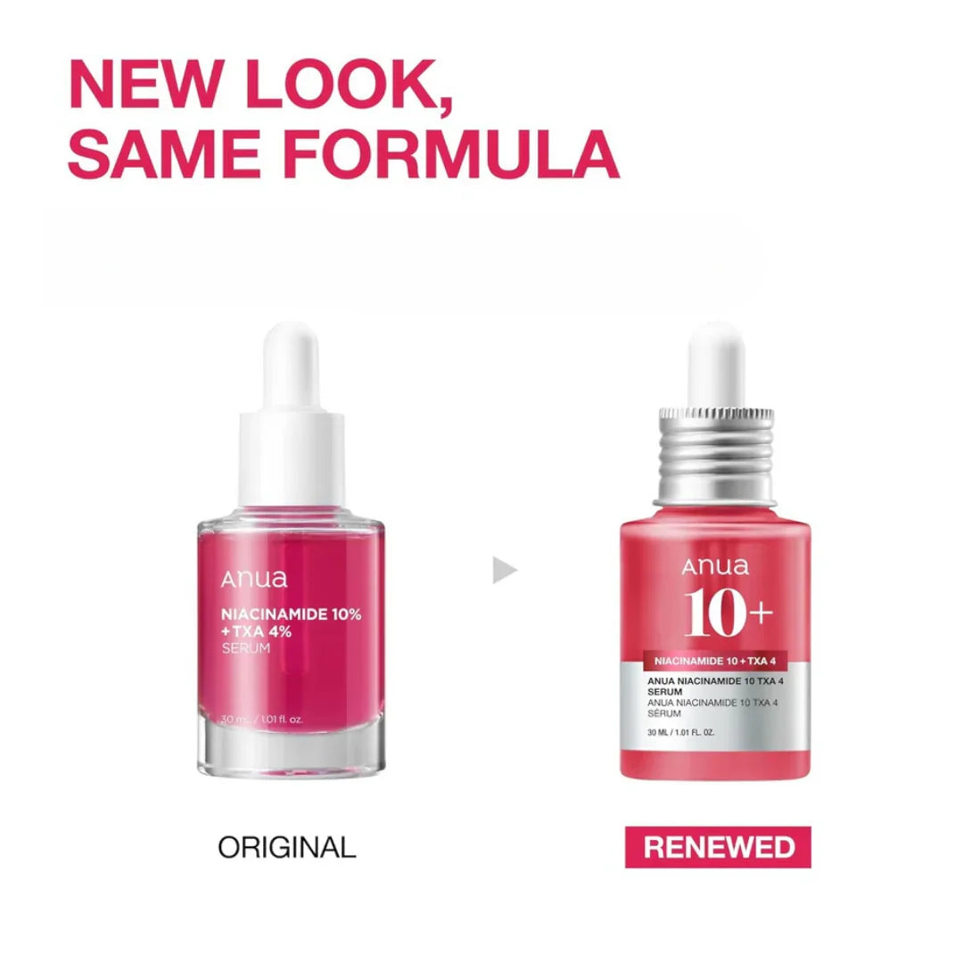Comparison of Anua Niacinamide 10% + TXA 4% Serum original and renewed packaging bottles for K-Beauty skincare