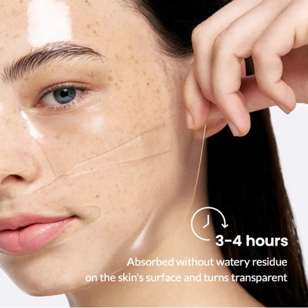 Close-up of woman removing clear collagen facial mask showing hydrated, freckled skin, K-Beauty skincare