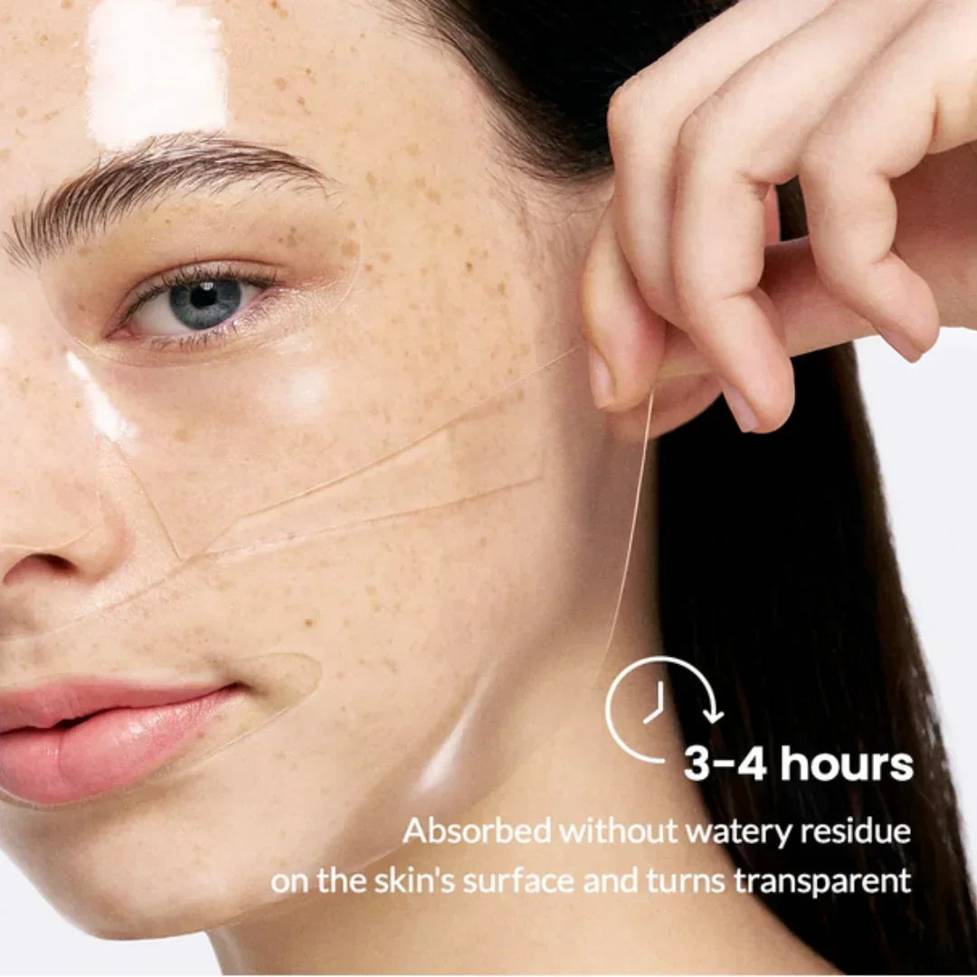 Close-up of woman removing clear collagen facial mask showing hydrated, freckled skin, K-Beauty skincare