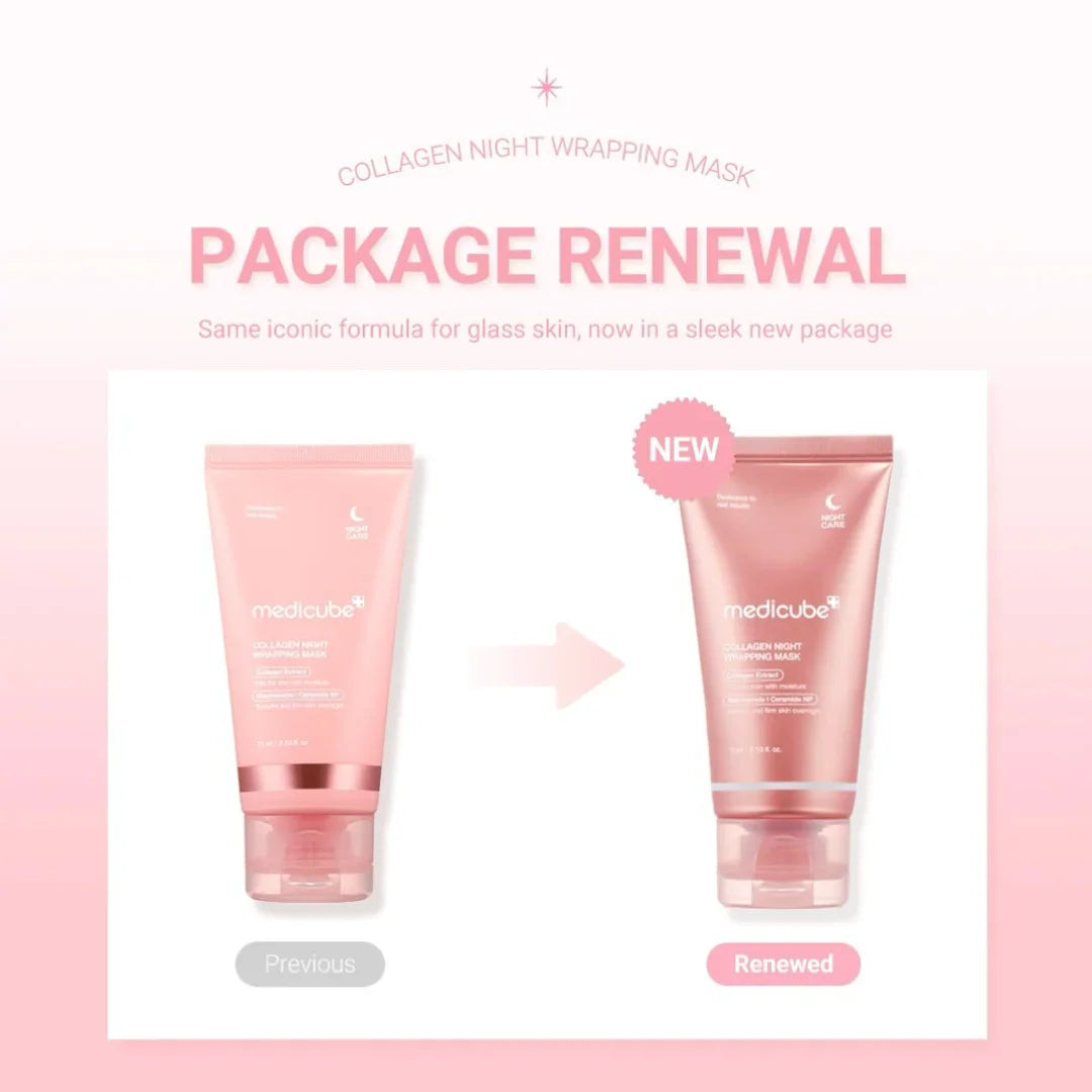 Medicube Collagen Night Wrapping Mask package renewal showing previous and new sleek pink tubes for K-beauty skincare