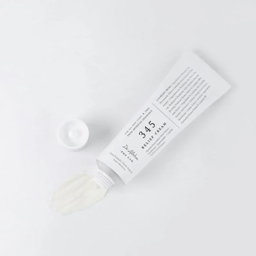 Dr. Althea 345 Relief Cream tube with white cream squeezed out, on white background, K-Beauty skincare