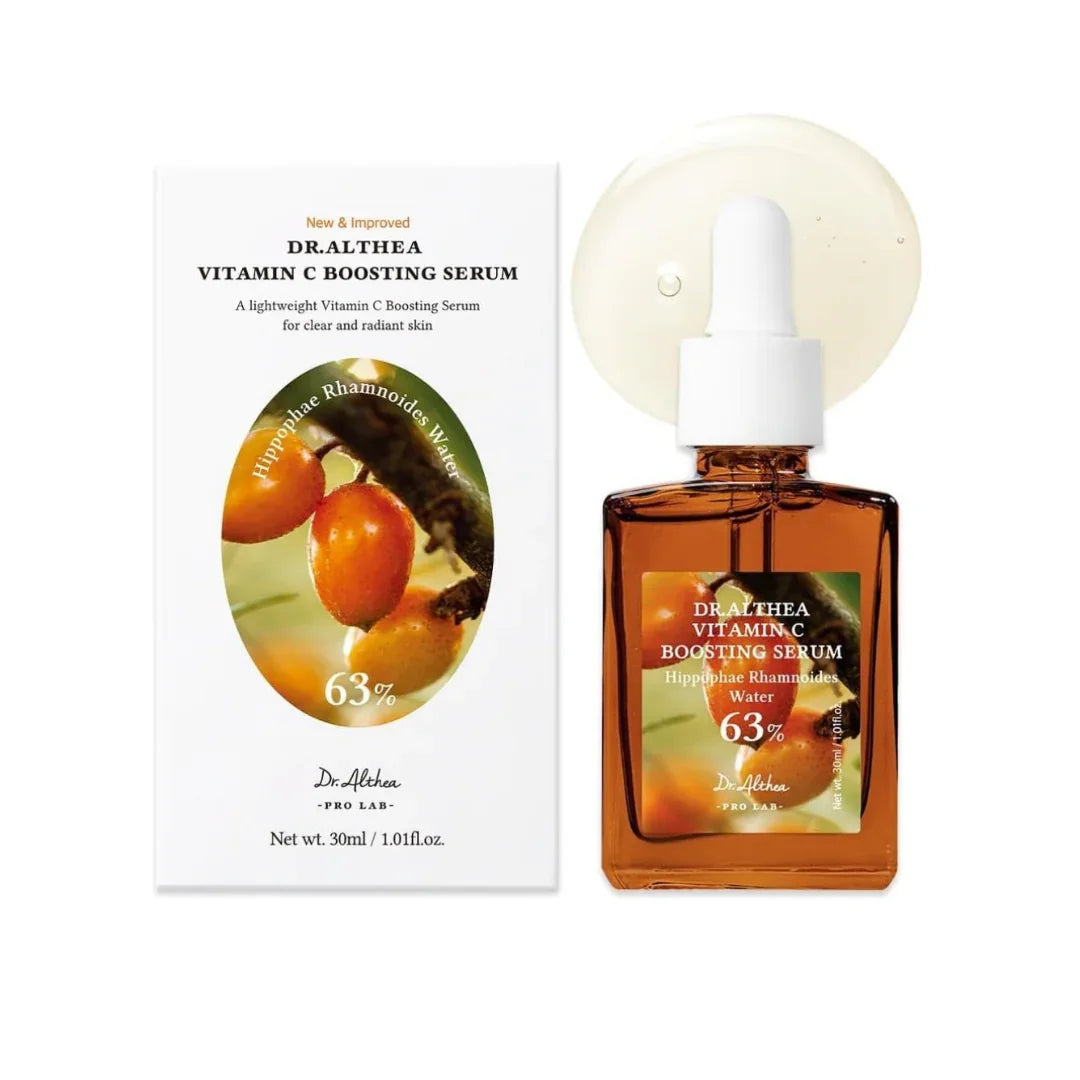 Dr. Althea Vitamin C Boosting Serum bottle and box with sea buckthorn ingredient, 30ml Korean skincare