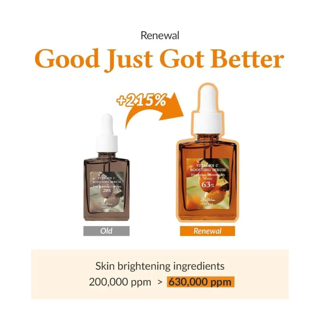 Comparison of old and renewed Vitamin C Boosting Serum bottles showing 215% more skin brightening ingredients