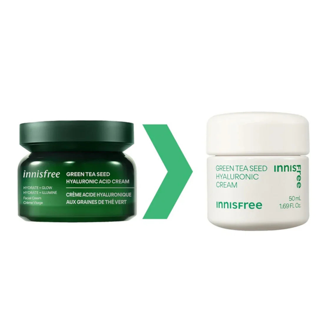 Innisfree Green Tea Seed Hyaluronic Acid Cream jars showing old dark green and new white packaging side by side