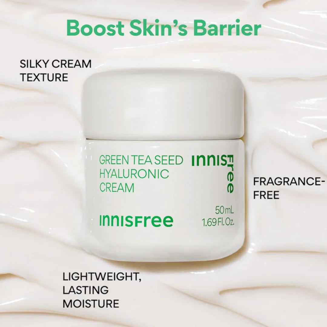 Innisfree Green Tea Seed Hyaluronic Cream 50ml jar on creamy white background with boost skin&