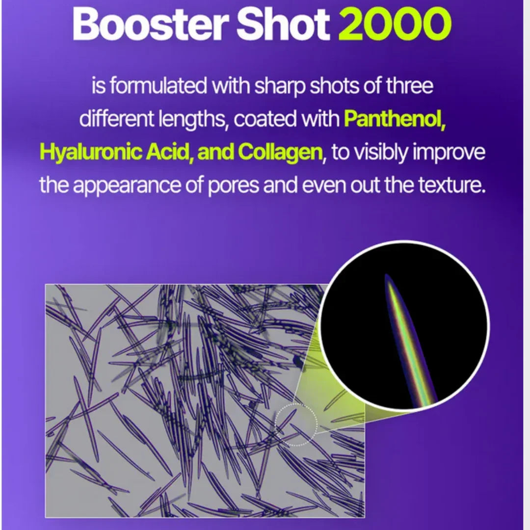 Booster Shot 2000 text with microscopic image of sharp shots coated with panthenol, hyaluronic acid, and collagen on purple background