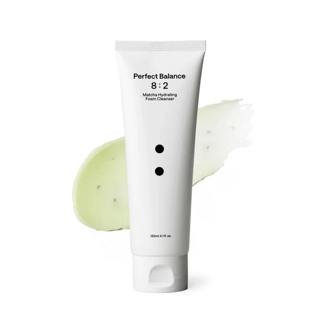 Perfect Balance 8:2 Matcha Hydrating Foam Cleanser 120ml tube with green cream smear background
