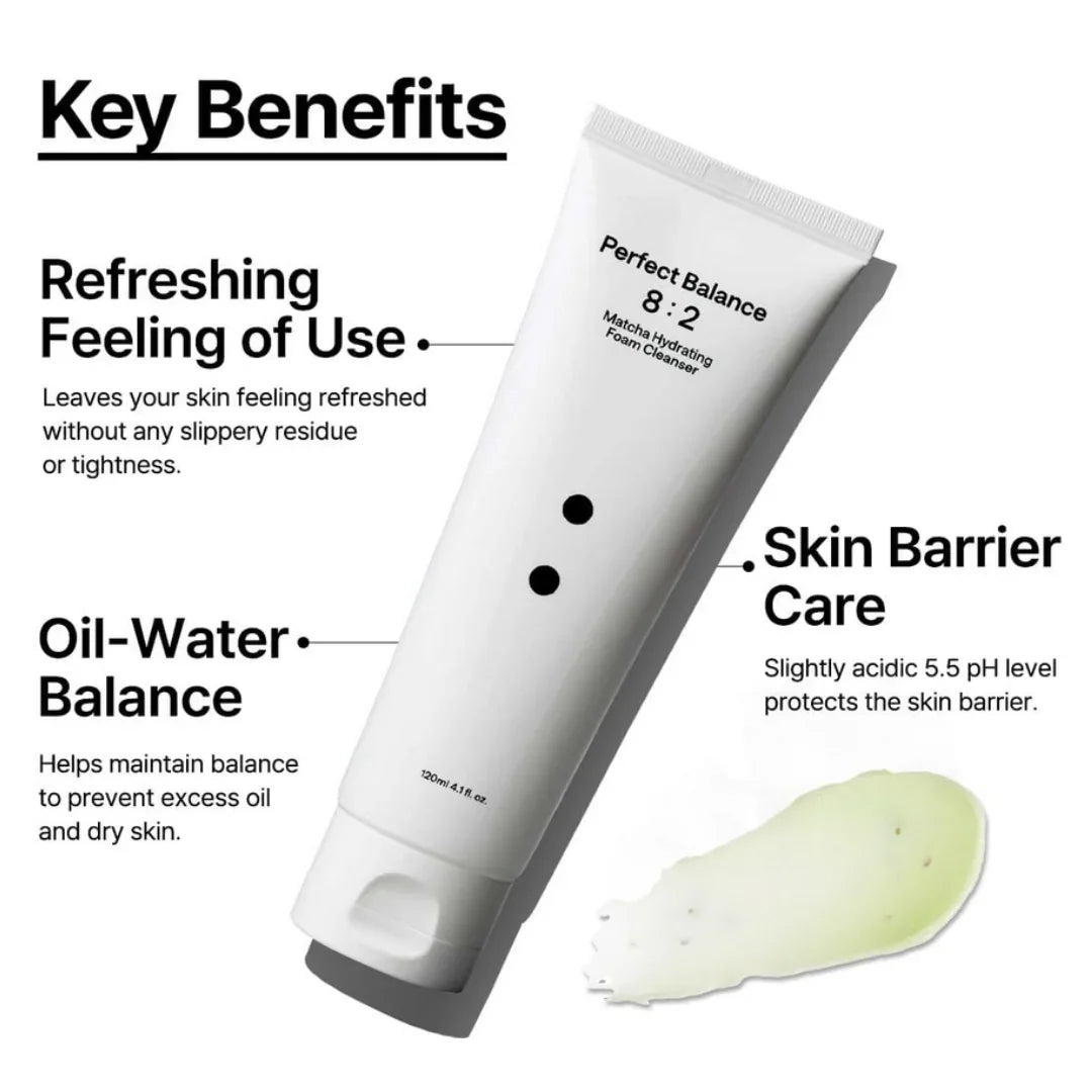 Matcha Hydrating Foam Cleanser tube with key benefits including refreshing feeling, oil-water balance, and skin barrier care shown with green cleanser smear