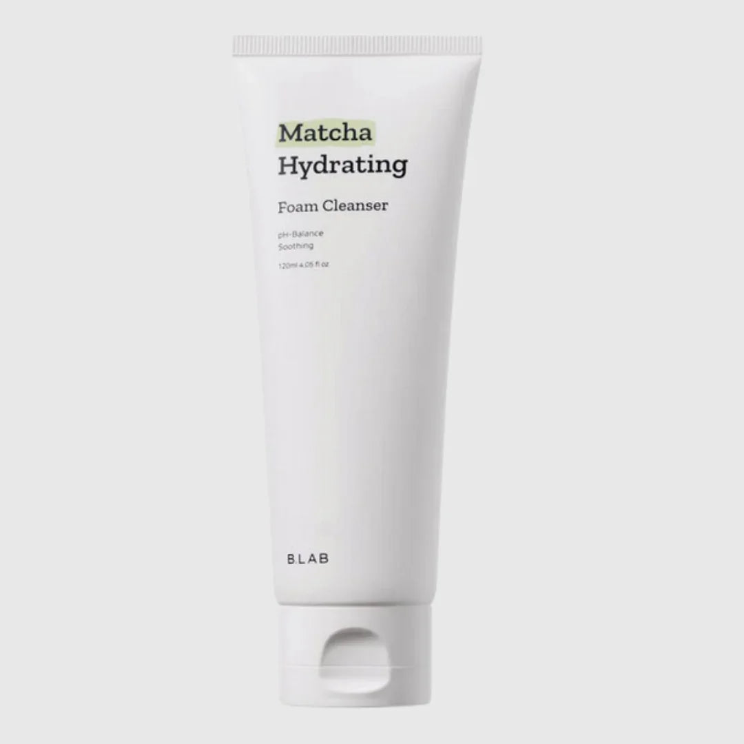 White tube of BLAB Matcha Hydrating Foam Cleanser with pH-balance and soothing properties