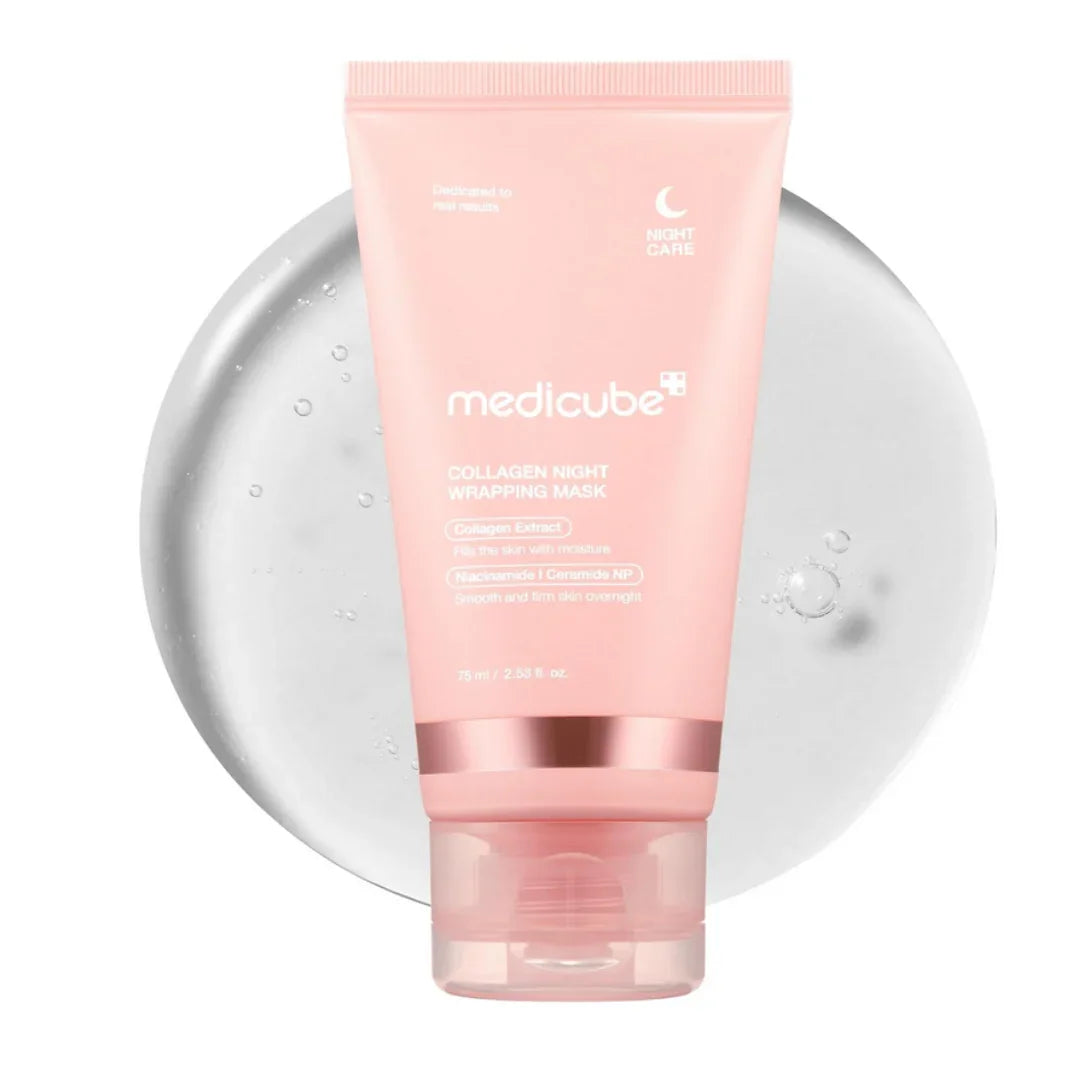 Medicube Collagen Night Wrapping Mask tube in pink with ingredients collagen extract, niacinamide, ceramide for night skin care