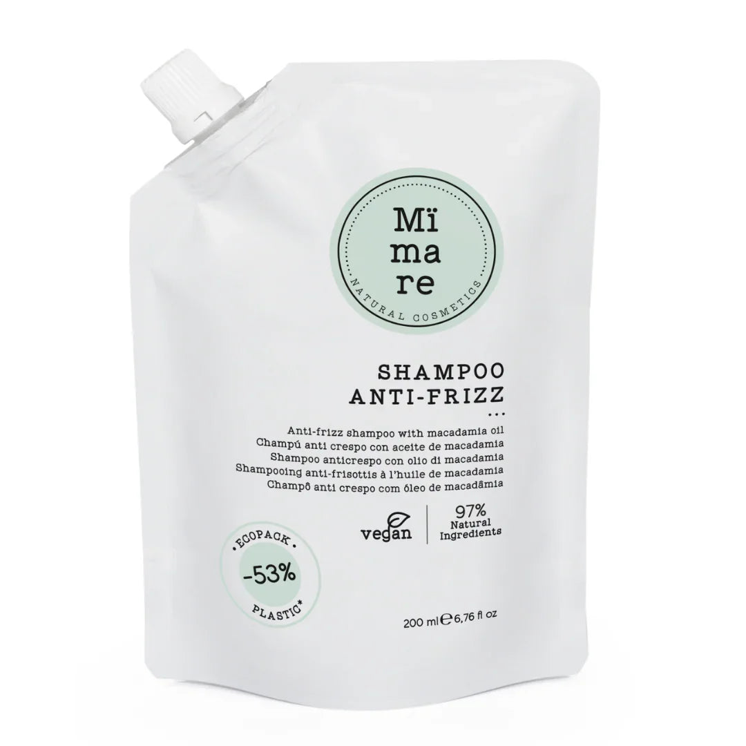 Mimare Anti-Frizz Shampoo 200ml pouch with macadamia oil, vegan and 97% natural ingredients