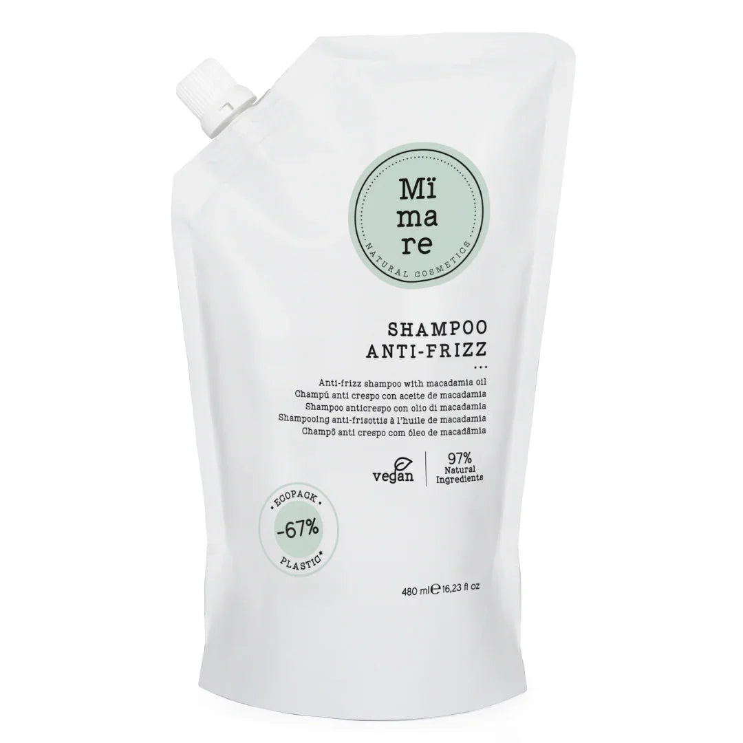 Mimare natural cosmetics anti-frizz shampoo with macadamia oil in eco-friendly 480ml pouch