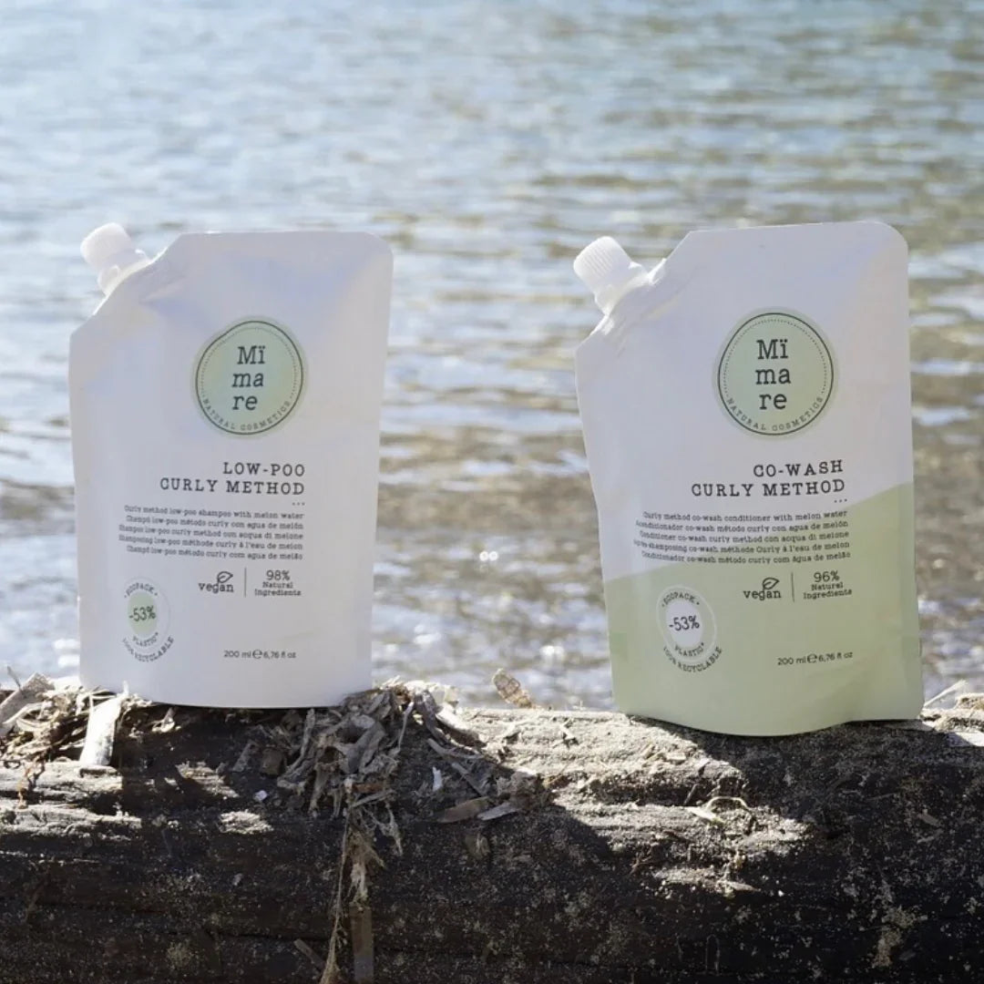 Mimare Low-Poo shampoo and Co-Wash curly method hair care pouches with natural ingredients, vegan, eco-friendly, 200ml