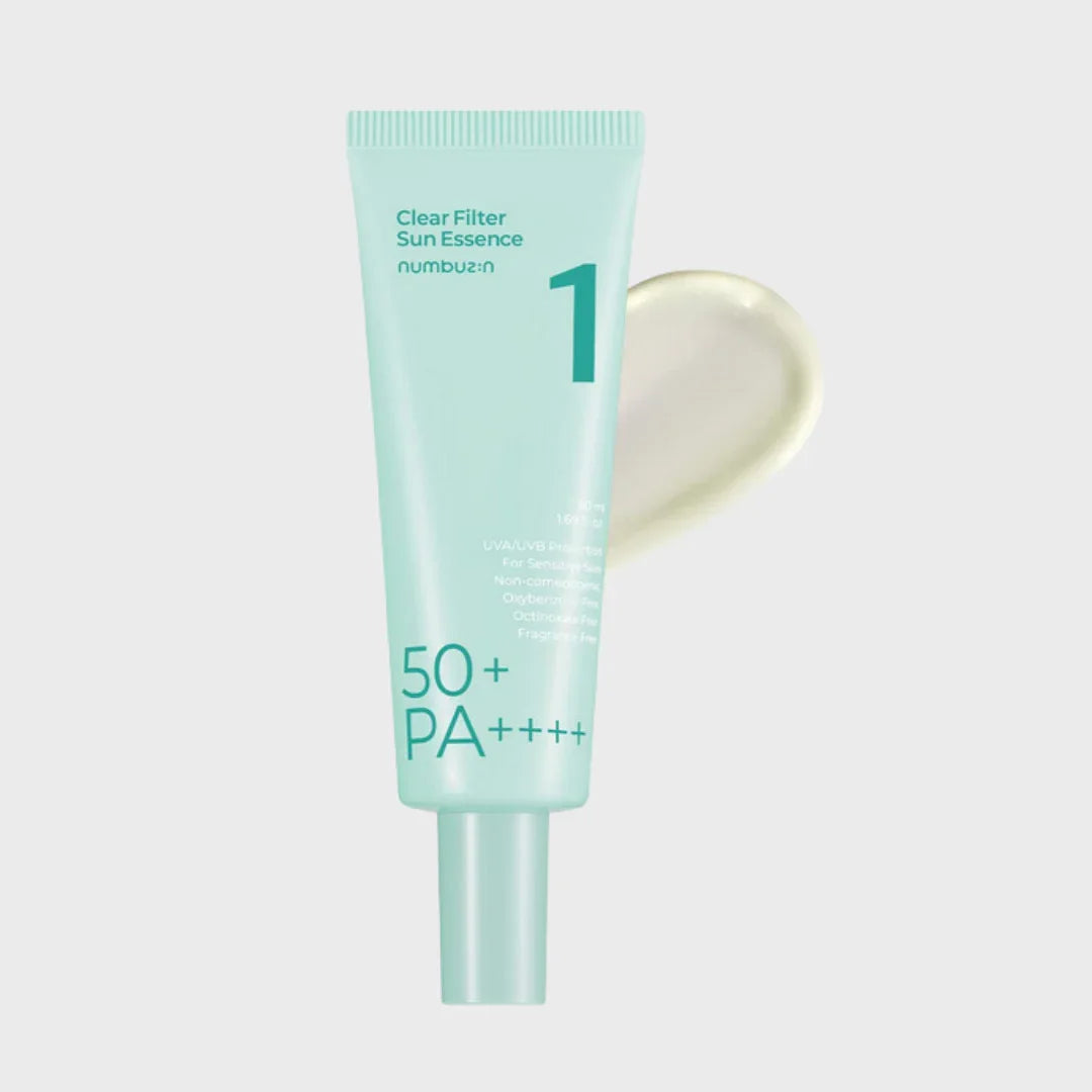 Numbuzin Clear Filter Sun Essence SPF 50+ PA++++ sunscreen tube with cream swatch on light background