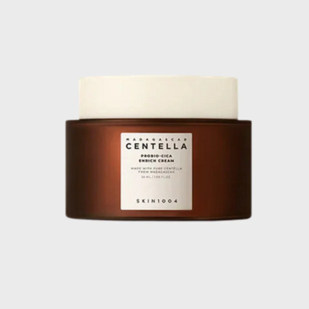 Skin1004 Madagascar Centella Probio-Cica Enrich Cream in 50ml brown jar with beige lid on white background