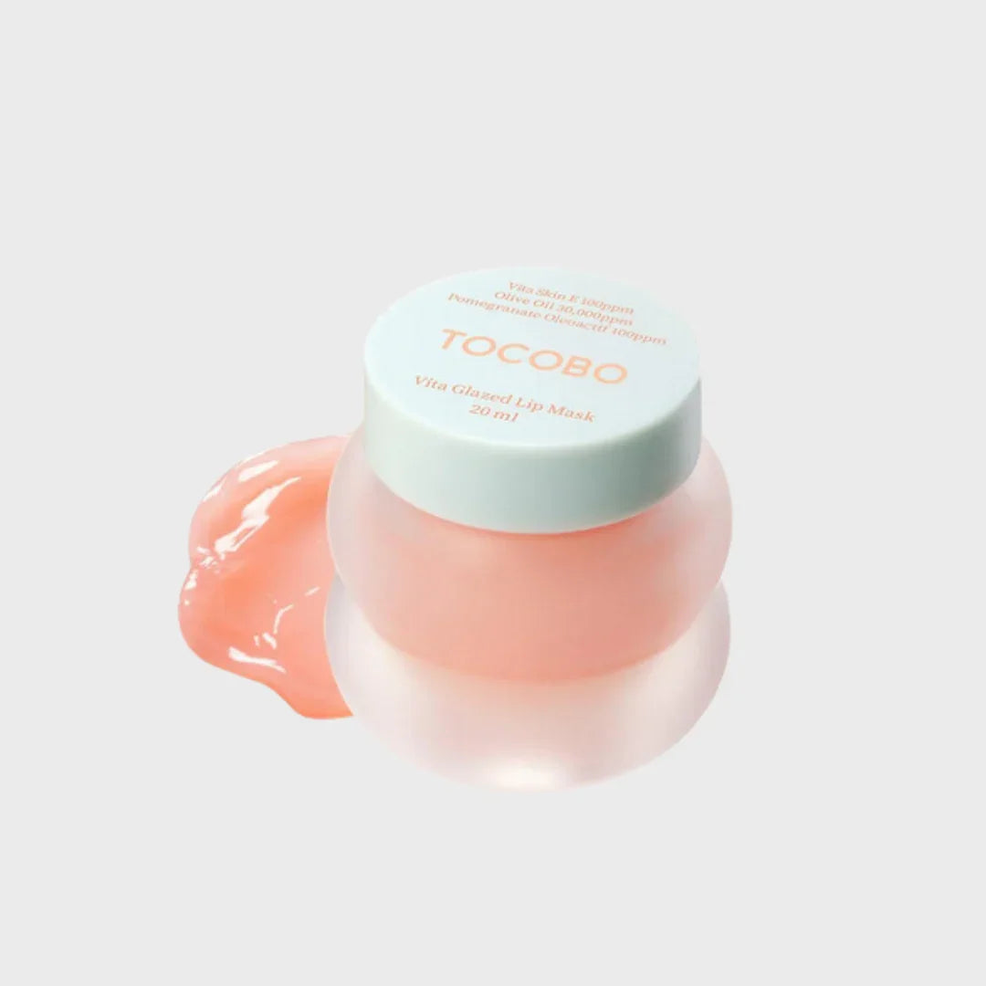 TOCOBO Vita Glazed Lip Mask 20ml jar with peach-colored gel beside it, Korean lip care
