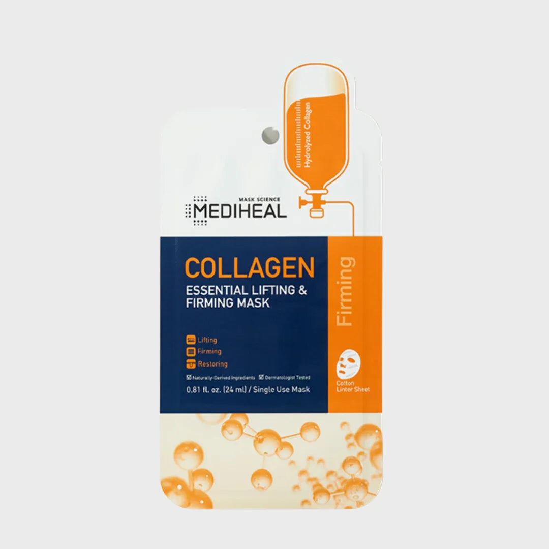 Mediheal Collagen Essential Lifting & Firming Mask packaging with orange and blue design, highlighting hydrolyzed collagen and key benefits