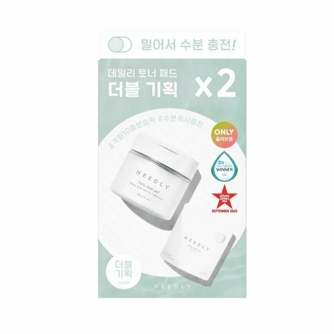 Needly Daily toner pad skincare set with two white containers, Korean text, and award badges on green background