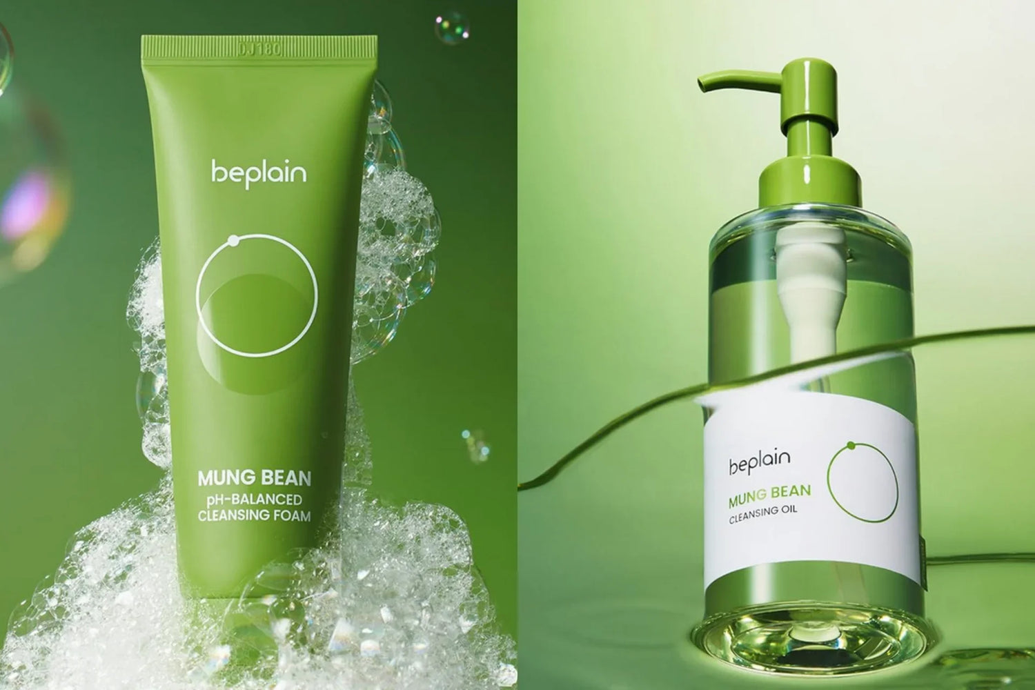 Beplain Mung Bean pH-Balanced Cleansing Foam tube with bubbles and Beplain Mung Bean Cleansing Oil pump bottle on green background