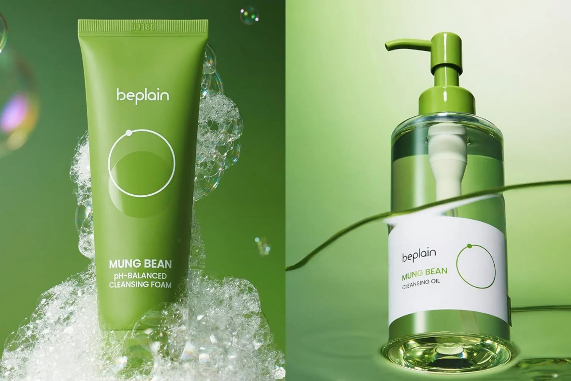 Beplain Mung Bean pH-Balanced Cleansing Foam tube with bubbles and Beplain Mung Bean Cleansing Oil pump bottle on green background