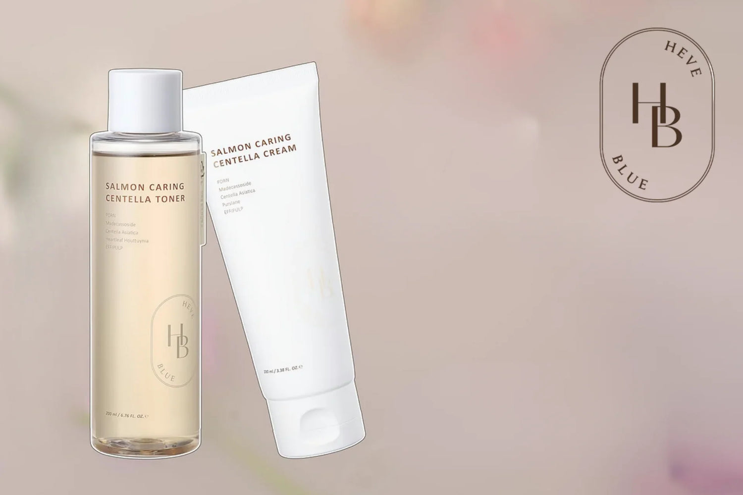 Heve Blue Salmon Caring Centella Toner and Cream skincare products with minimalist beige and white packaging